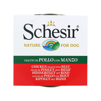 کنسرو غذای سگ مرغ و گوشت شسیر Schesir Chicken & Beef in Jelly وزن 85 گرم
